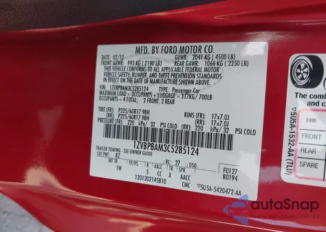 2012 Ford Mustang V6 z USA, uszkodzony, nr VIN 1ZVBP8AM3C5285124